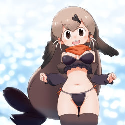 Rule 34 | 10s, 1girl, :d, bare shoulders, bikini, black bikini, blurry, blurry background, breasts, breasts apart, brown eyes, brown hair, brown thighhighs, commentary request, cowboy shot, detached sleeves, gluteal fold, hair ornament, hairclip, highres, kemono friends, long hair, looking at viewer, medium breasts, navel, open mouth, orange scarf, sat-c, scarf, smile, solo, steller&#039;s sea lion (kemono friends), swimsuit, thigh gap, thighhighs, very long hair