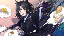 Rule 34 | 1girl, animal ears, arknights, black hair, blush, bowl, brown eyes, dog ears, drooling, elbow gloves, facial mark, fingerless gloves, food, forehead mark, gloves, hellnyaa, highres, holding, holding spear, holding weapon, infection monitor (arknights), japanese clothes, kimono, looking at viewer, noodles, open mouth, polearm, purple gloves, purple kimono, ramen, rice bowl, saga (arknights), solo, spear, thought bubble, upper body, weapon
