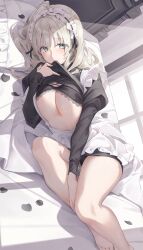 Rule 34 | 1girl, ahoge, apron, bare legs, bed, between legs, black bra, black panties, black shirt, black skirt, black wrist cuffs, blush, bra, breasts, cleavage, clothes lift, commentary request, cross-laced clothes, dutch angle, eyes visible through hair, feet out of frame, frilled apron, frilled hairband, frills, grey eyes, hairband, hand between legs, head on pillow, highres, juliet sleeves, kinako (shiratama mochi), lace, lace-trimmed bra, lace trim, large breasts, lifted by self, long hair, long sleeves, looking at viewer, lying, maid apron, maid headdress, mole, mole on cheek, mouth hold, on bed, on side, original, panties, petals, pillow, puffy sleeves, shadow, shirt, shirt lift, sidelighting, sidelocks, sideways, skirt, solo, sunlight, thighs, underboob, underwear, white hairband, window, wrist cuffs