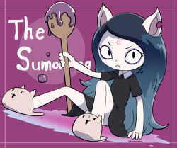 Rule 34 | 1girl, :&lt;, animal ears, bare legs, black dress, black eyes, black hair, cat, cat ears, cat girl, claire (the summoning), closed mouth, collared dress, copyright name, dress, eyelashes, eyeliner, facial mark, fangs, flat chest, forehead mark, frown, furry, furry female, holding, long hair, makeup, nollety, pentagram, purple background, short dress, short sleeves, sitting, slippers, solo, spread legs, star (symbol), swept bangs, the summoning, very long hair