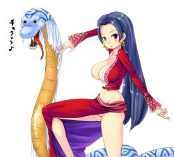 Rule 34 | 1girl, amazon lily, amazon warrior, boa hancock, breasts, cleavage, denchu (gowan), female focus, long hair, one piece, panties, salome (one piece), simple background, snake, underwear