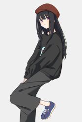 Rule 34 | 1girl, anime oekaki13, beret, black hair, black pants, black sweater, blush, chromatic aberration, closed mouth, commentary, foot out of frame, grey background, hat, highres, inoue takina, long hair, long sleeves, looking at viewer, lycoris recoil, pants, puffy sleeves, purple eyes, red hat, sidelocks, simple background, solo, sweater