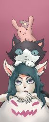 Rule 34 | 1boy, 1girl, absurdres, animal ears, artist request, black hair, cat, cat ears, claire (the summoning), claws, doll, edgar (the summoning), facial mark, forehead mark, furry, highres, long hair, looking at viewer, makeup, mascara, open mouth, pentagram, pumpkin, purple eyes, slit pupils, the summoning