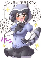 Rule 34 | 1girl, :d, puff of air, animal ears, bad id, bad pixiv id, black border, black bow, black bowtie, black hair, black skirt, blue shirt, blush, border, bow, bowtie, brown eyes, commentary, common raccoon (kemono friends), cowboy shot, emphasis lines, fang, fur collar, gloves, gradient gloves, grey hair, hand on own hip, highres, kemono friends, looking at viewer, miniskirt, multicolored hair, ngetyan, open mouth, outside border, pantyhose, pleated skirt, puffy short sleeves, puffy sleeves, raccoon ears, raccoon tail, shirt, short hair, short sleeves, skirt, smile, snort, solo, standing, tail, translated, two-tone hair, white pantyhose