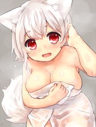 Rule 34 | 1girl, animal ears, bad id, bad pixiv id, bare shoulders, blush, breasts, cleavage, eyebrows, highres, inubashiri momiji, large breasts, looking at viewer, naked towel, open mouth, red eyes, sawatari (sado), see-through, shiny skin, simple background, smile, solo, steam, tail, touhou, towel, wet, white hair, wolf ears, wolf tail