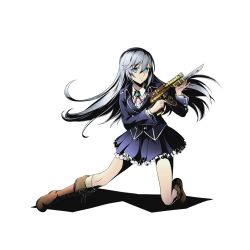 Rule 34 | 10s, 1girl, alpha transparency, blue eyes, blue skirt, boots, brown footwear, cross-laced footwear, divine gate, full body, grey hair, gunblade, hair ornament, knee boots, kneehighs, la folia rihavein, lace-up boots, long hair, looking at viewer, official art, on one knee, pleated skirt, skirt, smile, socks, solo, strike the blood, transparent background, ucmm, weapon