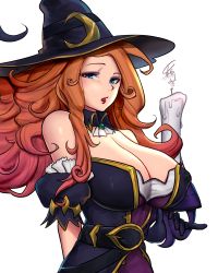Rule 34 | 1girl, absurdres, alternate costume, alternate weapon, belt, bewitching miss fortune, big hair, black gloves, blue eyes, breasts, candle, cleavage, commentary request, covered erect nipples, detached collar, detached sleeves, eyeshadow, gloves, gun, handgun, hat, highres, large breasts, league of legends, lipstick, long hair, makeup, miss fortune (league of legends), orange hair, pinky out, solo, weapon, wei miao, witch, witch hat