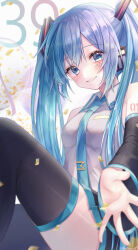 Rule 34 | 1girl, 39, absurdres, balloon, bare shoulders, black skirt, black sleeves, black thighhighs, blue eyes, blue hair, blue necktie, blush, breasts, collared shirt, confetti, cowboy shot, detached sleeves, facial mark, grey shirt, grin, hair between eyes, hair ornament, hatsune miku, heart, heart facial mark, highres, knee up, long hair, looking at viewer, miku day, necktie, noneon319, number tattoo, open hand, outstretched arm, parted lips, pleated skirt, raised eyebrows, reaching, reaching towards viewer, shirt, sidelocks, simple background, sitting, skirt, sleeveless, sleeveless shirt, small breasts, smile, solo, star (symbol), star facial mark, tattoo, teeth, thighhighs, tie clip, twintails, vocaloid, white background, wing collar, zettai ryouiki