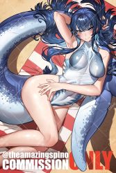 Rule 34 | 1girl, blue eyes, blue hair, blue one-piece swimsuit, blush, breasts, collarbone, commission, covered navel, fins, fish tail, highres, kamitoge supino, long hair, looking at viewer, lying, medium breasts, one-piece swimsuit, original, revision, shark tail, solo, swimsuit, tail, twitter username, very long hair, watermark