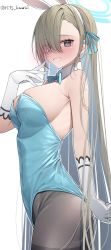 Rule 34 | absurdres, animal ears, aqua bow, aqua bowtie, aqua leotard, aqua ribbon, arm at side, armpits, asuna (blue archive), asuna (bunny) (blue archive), bare shoulders, black eyes, blue archive, blush, bow, bowtie, breasts, brown pantyhose, cowboy shot, detached collar, fake animal ears, fake tail, from side, gloves, grin, hair over one eye, hair ribbon, halo, hand up, highleg, highleg leotard, highres, kawai ritsu (rits meg), large breasts, leotard, light brown hair, long hair, looking at viewer, pantyhose, playboy bunny, rabbit tail, ribbon, sidelocks, small breasts, smile, straight hair, strapless, strapless leotard, swept bangs, tail, thighband pantyhose, twitter username, very long hair, white background, white gloves