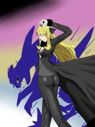 Rule 34 | 1girl, artist request, ass, blonde hair, blush, breasts, coat, creatures (company), cynthia (pokemon), from behind, fur trim, game freak, garchomp, gen 4 pokemon, green eyes, hair ornament, hair over one eye, highres, long hair, looking at viewer, nintendo, pants, poke ball, pokemon, pokemon (creature), smile