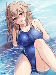 Rule 34 | 1girl, breasts, brown eyes, competition swimsuit, gradient hair, hair flaps, heterochromia, highres, kantai collection, large breasts, light brown hair, montemasa, multicolored hair, murasame (kancolle), murasame kai ni (kancolle), ocean, one-piece swimsuit, open mouth, outdoors, partially submerged, red eyes, solo, swimsuit, twitter username, two side up, water