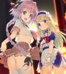 Rule 34 | 1boy, :d, androgynous, apron, ass, astolfo (fate), astolfo (sailor paladin) (fate), blonde hair, blue eyes, blurry, blurry background, bow, braid, chevalier d&#039;eon (fate), clothes lift, crop top, depth of field, dress, embarrassed, evening, fang, fate/apocrypha, fate/grand order, fate (series), from behind, gluteal fold, hair bow, hair intakes, highres, kagome (traumatize), lifting own clothes, long hair, looking at viewer, looking back, maid, maid headdress, midriff, neckerchief, official alternate costume, open mouth, outdoors, pink eyes, pink hair, pink neckerchief, pink skirt, pleated skirt, school uniform, serafuku, short sleeves, single braid, skirt, skirt lift, smile, thighhighs, trap, very long hair, wavy mouth, white legwear, wrist cuffs