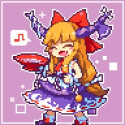 Rule 34 | 1girl, blush stickers, bow, chain, closed mouth, cube, cup, fang, footwear bow, full body, hair bow, horn bow, horn ornament, horns, ibuki suika, kumamoto (bbtonhk2), long hair, lowres, musical note, open mouth, orange hair, orb, pink background, pixel art, purple footwear, purple skirt, red bow, red neckwear, ribbon-trimmed legwear, ribbon-trimmed skirt, ribbon trim, sakazuki, shirt, shoes, simple background, skirt, smile, socks, solo, spoken musical note, standing, torn clothes, torn sleeves, touhou, white bow, white shirt, white socks, wrist cuffs