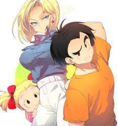 Rule 34 | 1boy, 2girls, android 18, arm around shoulder, behind another, black hair, blonde hair, blue eyes, blush, bow, breasts, collared shirt, dragon ball, dragonball z, earrings, father and daughter, hair bow, heart, height difference, high-waist pants, husband and wife, jewelry, kuririn, looking at viewer, marron (dragon ball), mother and daughter, multiple girls, no nose, ommmyoh, pants, red bow, shirt, short hair, short sleeves, smile, twintails