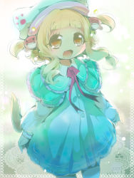 Rule 34 | 1girl, blonde hair, blue dress, brown eyes, capelet, cat tail, dress, fang, hair ornament, hat, hat with ears, neckerchief, open mouth, original, paw print, smile, solo, tail, two side up, usoneko