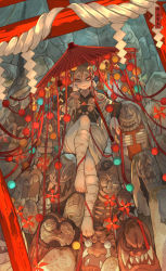Rule 34 | 1girl, :&gt;, bandaged leg, bandages, barefoot, beads, black sleeves, claws, commentary request, dress, ema, eyeshadow, feet, full body, hair between eyes, hand on own cheek, hand on own face, haniwa (statue), hannya, highres, japanese clothes, japanese mythology, jewelry, knee up, leaning, long sleeves, looking at viewer, makeup, mask, nanahara shie, naughty face, necklace, no pupils, obi, ofuda, oil-paper umbrella, oni mask, original, pale skin, parasol, parted bangs, pinwheel, prayer beads, red eyes, red eyeshadow, red ribbon, red theme, ribbon, sash, shide, shinto, short eyebrows, short hair, shrine, sitting, smile, solo, statue, thick eyebrows, thighs, toes, torii, umbrella, white dress, white hair