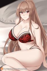 Rule 34 | 1girl, aslindsamure, ass, azur lane, bare shoulders, blush, bra, breasts, brown hair, cleavage, closed mouth, collarbone, highres, lace, lace-trimmed bra, lace trim, large breasts, long hair, looking at viewer, multi-strapped panties, panties, ponytail, red bra, red eyes, sidelocks, smile, solo, swiftsure (azur lane), thighs, underwear