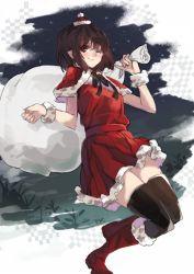 Rule 34 | 1girl, blush, boots, brown hair, fur boots, hat, ken (coffee michikusa), knee boots, looking at viewer, one eye closed, pointy ears, red eyes, red footwear, santa boots, santa costume, shameimaru aya, short hair, skirt, smile, solo, thighhighs, touhou, wrist cuffs