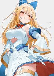Rule 34 | 1girl, blonde hair, blue bow, bow, breasts, dark-skinned female, dark skin, detached sleeves, dress, gloves, hair bow, highres, hololive, large breasts, long hair, looking at viewer, pointy ears, red eyes, shiranui flare, shiranui flare (1st costume), solo, thighhighs, thighs, uohara shinji, virtual youtuber