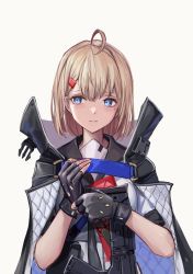 Rule 34 | 1girl, acr (girls&#039; frontline), adaptive combat rifle, ahoge, arm up, assault rifle, black gloves, blonde hair, blue eyes, closed mouth, dress, girls&#039; frontline, gloves, gun, hair ornament, hairclip, highres, holding, holding gun, holding weapon, jacket, jacket on shoulders, light blush, lips, lithographica, looking at viewer, medium hair, mole, mole under eye, open clothes, open jacket, rifle, short sleeves, solo, upper body, weapon, white background, white dress, white jacket