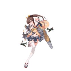 Rule 34 | 1girl, a6m zero, armpits, arrow (projectile), black gloves, blue skirt, blush, bow (weapon), breasts, broken, brown hair, cleavage, closed mouth, damaged, detached sleeves, ello, flight deck, floral print, frown, full body, gloves, hiryuu (warship girls r), long hair, long sleeves, looking to the side, machinery, navel, nontraditional miko, pleated skirt, ponytail, quiver, ribbon, sidelocks, single glove, skirt, smoke, solo, standing, standing on one leg, thighhighs, torn clothes, torn thighhighs, transparent background, turret, warship girls r, weapon, white thighhighs, wide sleeves, yellow ribbon