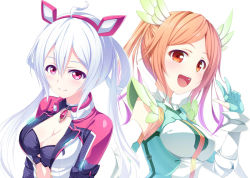 Rule 34 | 2girls, :d, ahoge, blue gloves, breasts, brown hair, cleavage, closed mouth, collarbone, commentary request, detached sleeves, gloves, hair between eyes, hair ornament, hair rings, hand up, jacket, long hair, long sleeves, looking at viewer, matoi (pso2), medium breasts, multiple girls, naoki (endofcentury102), open clothes, open jacket, open mouth, partially fingerless gloves, phantasy star, phantasy star online 2, quna (pso2), red eyes, silver hair, simple background, sleeveless, sleeveless jacket, smile, twintails, upper body, very long hair, w, white background, white jacket, white sleeves, wing hair ornament