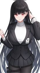 Rule 34 | 1girl, black coat, black hair, black pantyhose, blue archive, breasts, clipboard, coat, highres, holster, large breasts, long hair, melreon, pantyhose, red eyes, ribbed sweater, rio (blue archive), solo, sweater, thigh holster, thighhighs, very long hair, white sweater