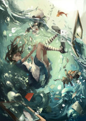 Rule 34 | 1girl, alice (alice in wonderland), alice in wonderland, apron, asphyxiation, blue eyes, brown hair, bubble, card, dress, drowning, dutch angle, fish, framed image, high heels, highres, long hair, mad hatter (alice in wonderland), ooi choon liang, outstretched arm, picture frame, playing card, pocket watch, rabbit, splashing, thighhighs, underwater, watch, wet, wet clothes, white rabbit (alice in wonderland)