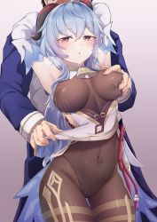 Rule 34 | 1boy, 1girl, absurdres, armpits, arms up, bell, blue hair, blush, grabbing another&#039;s breast, breasts, cameltoe, clothes lift, covered erect nipples, covered navel, cowbell, detached sleeves, ganyu (genshin impact), genshin impact, grabbing, grabbing from behind, groping, half-closed eyes, hetero, highres, k0ng, lactation, lactation through clothes, leotard, leotard under clothes, long sleeves, looking at viewer, medium breasts, purple eyes, skin tight, sweat
