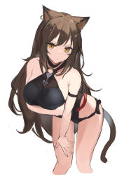 Rule 34 | 1girl, :/, animal ears, arknights, arm under breasts, bare shoulders, black leotard, black one-piece swimsuit, brown eyes, brown hair, cat ears, cat girl, cat tail, closed mouth, collarbone, cropped legs, earrings, frown, highres, jewelry, leaning forward, leotard, long hair, looking at viewer, mizu (lzzrwi603), o-ring, official alternate costume, one-piece swimsuit, simple background, single earring, skyfire (arknights), skyfire (temperature difference) (arknights), solo, standing, swimsuit, tail, thighs, very long hair, white background