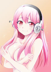Rule 34 | 1girl, blush, breasts, covering privates, covering breasts, female focus, headphones, highres, large breasts, long hair, looking at viewer, nipple slip, nipples, nitroplus, pink eyes, pink hair, shima yuri ika, solo, super sonico, tearing up, tears, wavy mouth