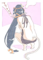 Rule 34 | 1girl, absurdly long hair, animal ears, aquaplus, ass, back, backless outfit, bare legs, barefoot, black hair, butt crack, cat tail, crossed arms, embarrassed, feet, from behind, full body, hair ornament, high ponytail, highres, kuon (utawarerumono), long hair, low-tied long hair, meme attire, nike abc, ponytail, solo, squatting, sweat, tail, toned, toned female, translation request, utawarerumono, utawarerumono: itsuwari no kamen, very long hair, virgin killer sweater, white tail