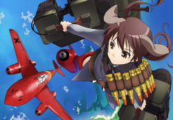 Rule 34 | 1girl, aasara, aircraft, airplane, animal ears, bandolier, brown eyes, brown hair, flying, gertrud barkhorn, me 262, solo, strike witches, twintails, uniform, world witches series