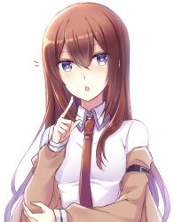 Rule 34 | 1girl, blue eyes, breasts, brown hair, collared shirt, hair between eyes, index finger raised, long hair, long sleeves, looking at viewer, makise kurisu, nishijou myu, open mouth, shirt, simple background, sketch, small breasts, solo, steins;gate, straight hair, upper body, very long hair, white background, white shirt, wing collar