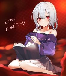 Rule 34 | 1girl, absurdres, bare shoulders, barefoot, black skirt, blush, book, braid, braided hair rings, breasts, cleavage, closed mouth, collarbone, commentary request, grey hair, hair between eyes, hair rings, hakase fuyuki, hakase fuyuki (4th costume), highres, looking at viewer, medium breasts, nijisanji, off-shoulder shirt, off shoulder, open book, purple shirt, red background, red eyes, shirt, sitting, skirt, smile, solo, translation request, twin braids, virtual youtuber, wariza, yayoi asuka