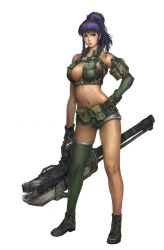 Rule 34 | 1girl, blush, breasts, gloves, large breasts, leona heidern, midriff, military, neongun, ponytail, snk, solo, the king of fighters