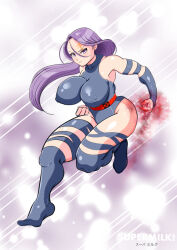 Rule 34 | 1girl, artist request, black leotard, black thighhighs, breasts, curvy, full body, highleg, highleg leotard, jumping, large breasts, leotard, long hair, looking at viewer, marvel, psylocke, purple eyes, purple hair, shiny clothes, shiny skin, simple background, solo, thighhighs, wide hips, x-men