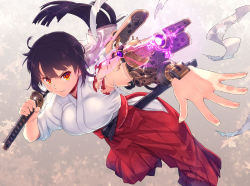 Rule 34 | 1girl, android girl (itou), black hair, breasts, cannon, closed mouth, commentary request, cyborg, fingernails, frown, hakama, hakama skirt, holding, holding sword, holding weapon, itou (onsoku tassha), japanese clothes, katana, large breasts, looking at viewer, mechanical arms, mechanical parts, miko, orange eyes, original, outstretched arm, over shoulder, ponytail, powering up, red hakama, scabbard, sheath, single mechanical arm, skirt, solo, sword, torn clothes, weapon, weapon over shoulder