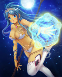 Rule 34 | 1girl, :o, anklet, aocchi, armlet, bandeau, bare shoulders, bikini, blue eyes, blue hair, blue sky, blush, boots, breasts, cleavage, dark-skinned female, dark skin, eyebrows, fantasy, gem, glowing, high heel boots, high heels, holding, holding staff, jewelry, large breasts, leg up, lens flare, light particles, long hair, looking at viewer, magic, magic circle, matching hair/eyes, moon, navel, night, night sky, original, outstretched arm, pendant, pentagon (shape), pentagram, skull print, sky, solo, staff, stomach, strapless, swimsuit, tattoo, thigh boots, thighhighs, tiara, white bikini, white footwear