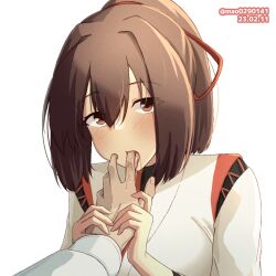 Rule 34 | 1girl, blush, brown eyes, brown hair, dated, finger in another&#039;s mouth, hair between eyes, ise (kancolle), ise kai ni (kancolle), japanese clothes, kantai collection, licking, licking finger, m.a.o, one-hour drawing challenge, open mouth, ponytail, saliva, short hair, simple background, solo focus, tongue, tongue out, twitter username, upper body, white background