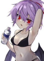 Rule 34 | 1girl, akisome hatsuka, alternate hairstyle, arm up, bat wings, bikini, black bikini, bottle, breasts, cleavage, fang, holding, holding bottle, looking at viewer, medium breasts, navel, open mouth, purple hair, red eyes, remilia scarlet, short hair, simple background, skin fang, solo, swimsuit, touhou, upper body, white background, wings