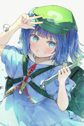 Rule 34 | 1girl, adapted costume, blue eyes, blue hair, blue jacket, blue skirt, blush, flat cap, green hat, grin, hair bobbles, hair ornament, hat, holding, holding wrench, jacket, kawashiro nitori, key, looking at viewer, medium hair, short sleeves, simple background, skirt, smile, solo, syuri22, touhou, two side up, v, water drop, white background, wrench