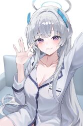 Rule 34 | 1girl, absurdres, arm up, blue archive, blush, breasts, chaerom, cleavage, collarbone, fingernails, grey hair, grin, halo, highres, large breasts, long hair, long sleeves, looking at viewer, mechanical halo, noa (blue archive), pajamas, purple eyes, simple background, sitting, smile, solo, white background, white pajamas