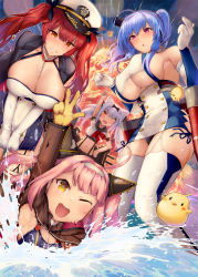 Rule 34 | 4girls, ahoge, animal ears, armpits, azur lane, bare shoulders, black bow, black legwear, black ribbon, blue hair, blue sky, blush, bow, breasts, cat ears, cleavage, clenched teeth, closed mouth, clothing cutout, collarbone, cover, day, dress, elbow gloves, explosion, fang, garter straps, gloves, hair between eyes, hair bow, hair ornament, hair ribbon, hairband, hand up, hat, headband, highres, honolulu (azur lane), jacket, large breasts, leaning forward, long hair, looking at viewer, medium breasts, multiple girls, navel, ocean, one-piece swimsuit, one eye closed, open mouth, outdoors, partially submerged, peaked cap, pink hair, pleated skirt, purple eyes, red eyes, red hair, ribbon, rigging, sailor collar, satou daiji, short dress, side slit, silver hair, skindentation, skirt, sky, small breasts, smile, splashing, st. louis (azur lane), star (symbol), swimsuit, teeth, thighhighs, thighs, twintails, two side up, u-81 (azur lane), underboob, underboob cutout, v, w, water, wet, white gloves, white legwear, yellow eyes, yukikaze (azur lane)