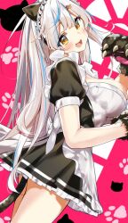 Rule 34 | 1girl, animal ears, blue hair, breasts, cat ears, cat tail, commission, fake animal ears, image sample, kikurage tom., large breasts, looking at viewer, maid, original, skeb commission, solo, tail, twitter sample, white hair, yellow eyes