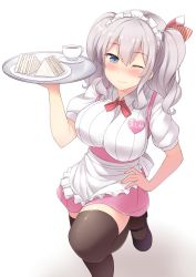 Rule 34 | 10s, 1girl, apron, black thighhighs, blush, breasts, food, grey eyes, kantai collection, kashima (kancolle), large breasts, sama samasa, sandwich, sidelocks, silver hair, smile, solo, standing, standing on one leg, thighhighs, tray, twintails, waitress, wavy hair, zettai ryouiki