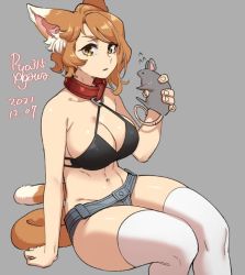 Rule 34 | 1girl, abs, agawa ryou, animal, animal ear fluff, animal ears, arm support, artist name, bare shoulders, bikini, bikini top only, black bikini, breasts, brown hair, cat ears, cat tail, cleavage, collar, collarbone, commentary, dated, denim, denim shorts, english commentary, feet out of frame, flipped hair, grey background, groin, hand up, holding, holding animal, invisible chair, large breasts, long hair, looking at viewer, mouse (animal), navel, numbered, open mouth, original, parted lips, red collar, short shorts, shorts, sideboob, simple background, sitting, slit pupils, solo, swept bangs, swimsuit, tail, thighhighs, wavy hair, white thighhighs, yellow eyes