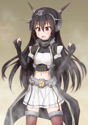 Rule 34 | 10s, 1girl, aged down, alternate breast size, anti (untea9), black gloves, black hair, blush, collar, commentary request, elbow gloves, embarrassed, fingerless gloves, garter straps, gloves, headgear, highres, jacket, kantai collection, long hair, metal belt, midriff, nagato (kancolle), nagato kai ni (kancolle), navel, open clothes, open jacket, open mouth, pleated skirt, red eyes, red thighhighs, skirt, solo, thighhighs, white skirt