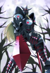 Rule 34 | armor, artist name, bare tree, blonde hair, colored skin, digimon, dual wielding, duskmon, extra eyes, grey skin, highres, holding, holding sword, holding weapon, mask, outdoors, pointing sword, red eyes, ryo@, standing, sword, tree, weapon